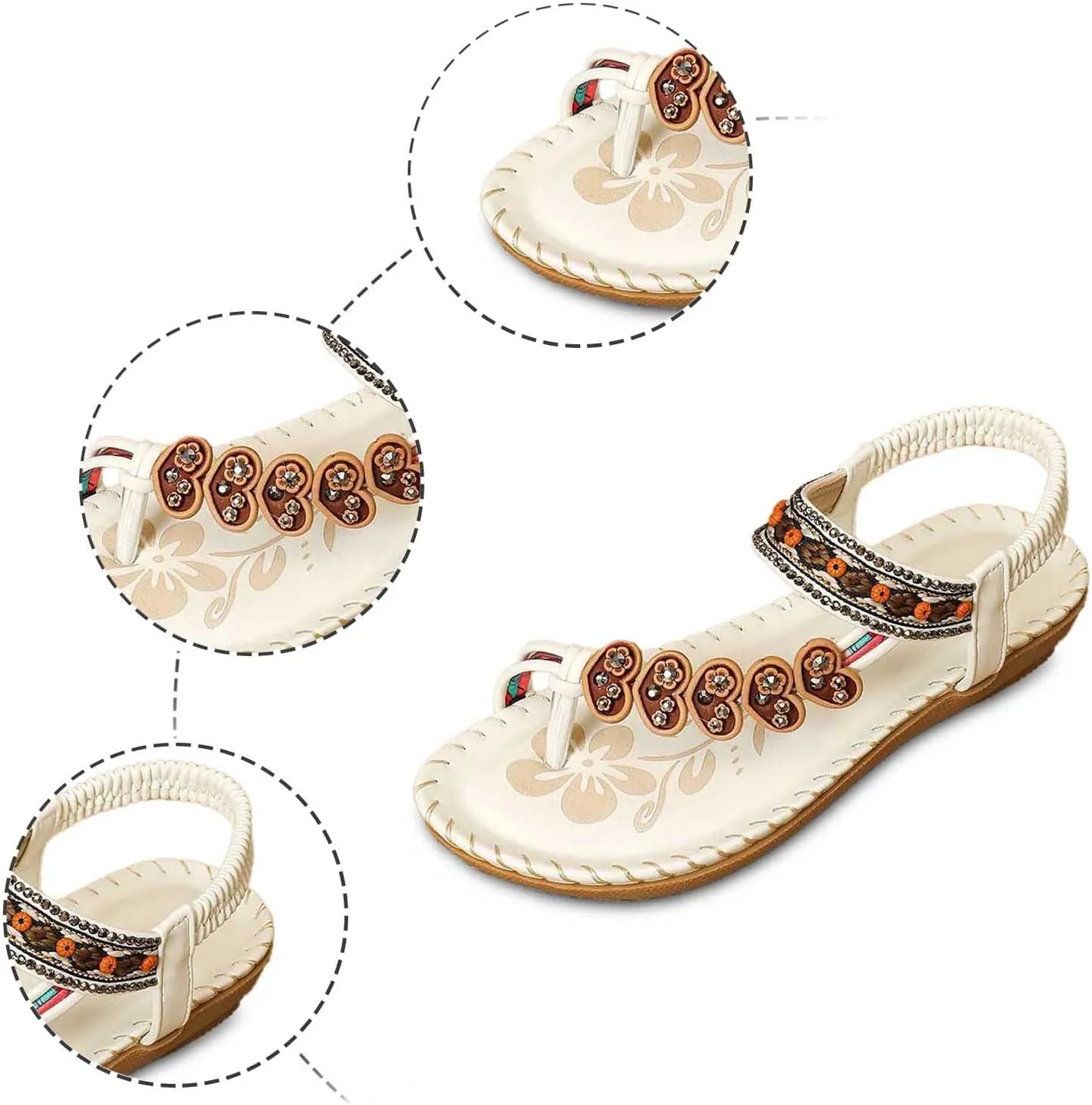 Womens Sandals Flat Comfortable Walking Shoes with Non Slip Soled Casual Summer Beach Boho Sandal Dress Ankle Elastic Jeweled Bohemian Flats