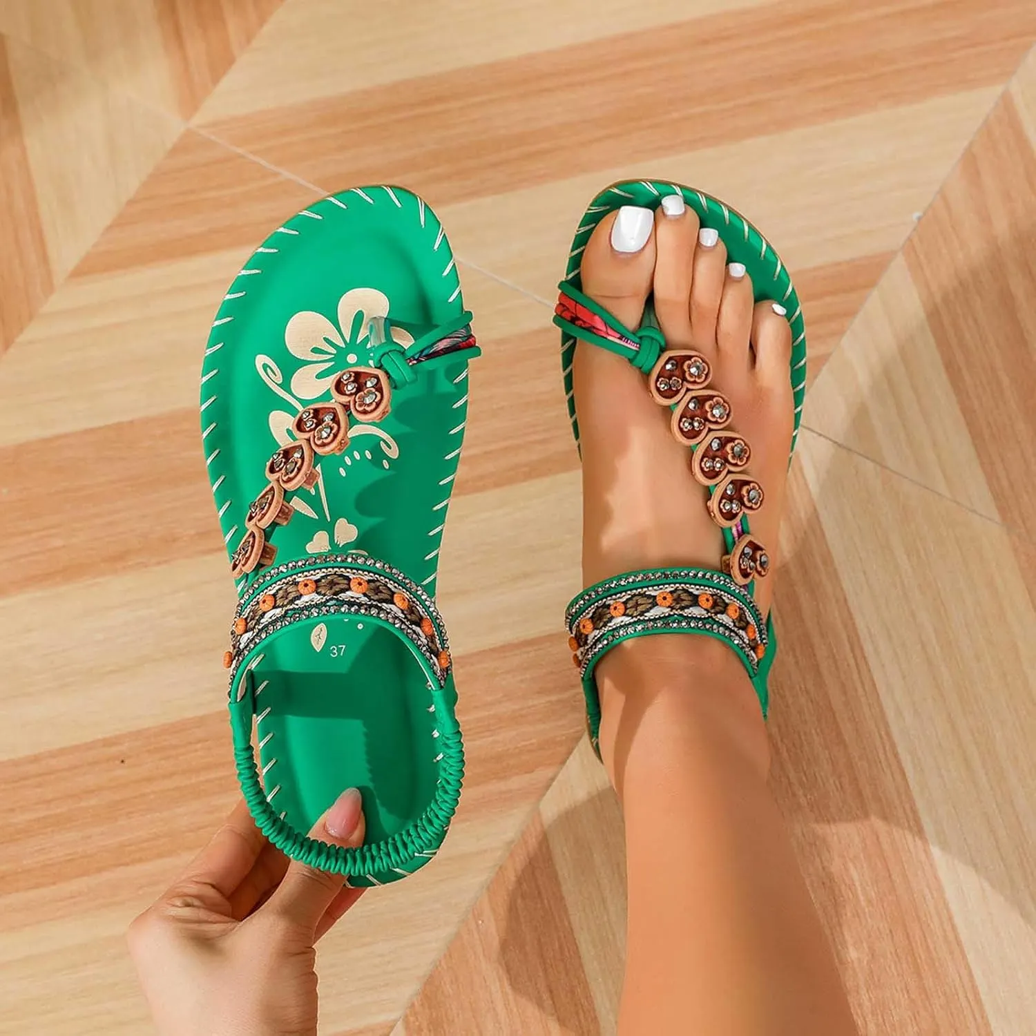 Womens Sandals Flat Comfortable Walking Shoes with Non Slip Soled Casual Summer Beach Boho Sandal Dress Ankle Elastic Jeweled Bohemian Flats