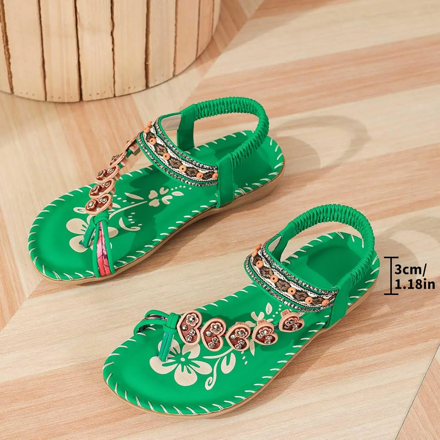 Womens Sandals Flat Comfortable Walking Shoes with Non Slip Soled Casual Summer Beach Boho Sandal Dress Ankle Elastic Jeweled Bohemian Flats