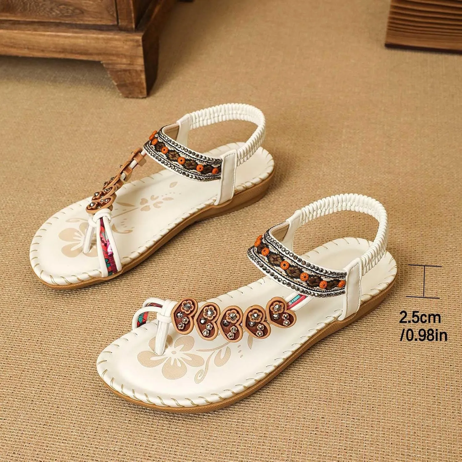 Womens Sandals Flat Comfortable Walking Shoes with Non Slip Soled Casual Summer Beach Boho Sandal Dress Ankle Elastic Jeweled Bohemian Flats