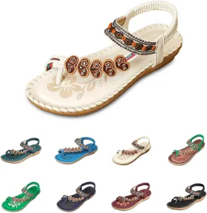 Womens Sandals Flat Comfortable Walking Shoes with Non Slip Soled Casual Summer Beach Boho Sandal Dress Ankle Elastic Jeweled Bohemian Flats