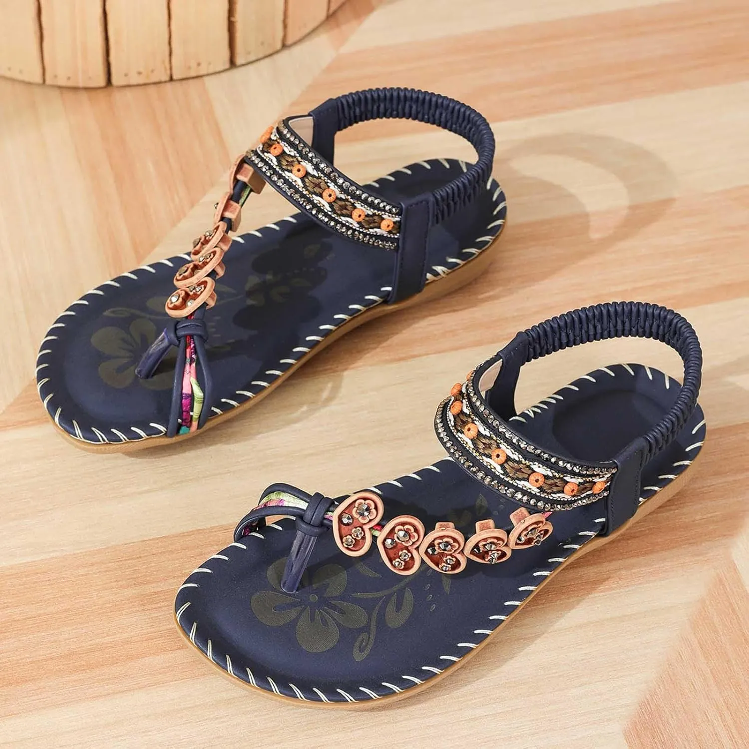 Womens Sandals Flat Comfortable Walking Shoes with Non Slip Soled Casual Summer Beach Boho Sandal Dress Ankle Elastic Jeweled Bohemian Flats