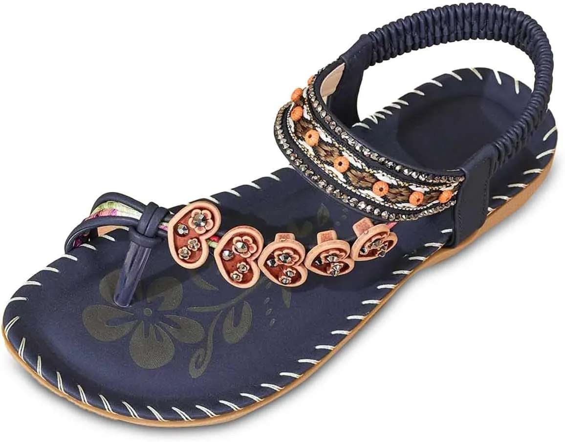 Womens Sandals Flat Comfortable Walking Shoes with Non Slip Soled Casual Summer Beach Boho Sandal Dress Ankle Elastic Jeweled Bohemian Flats