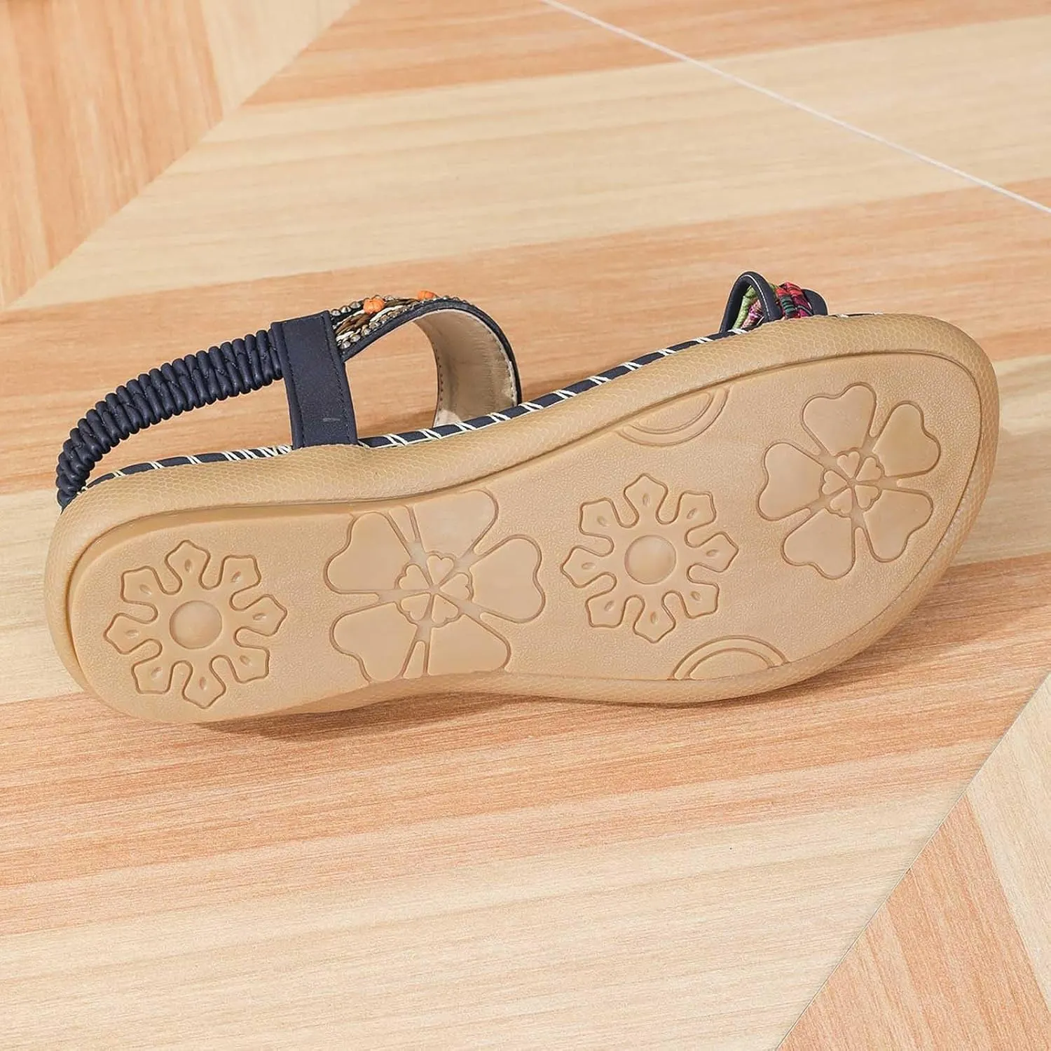 Womens Sandals Flat Comfortable Walking Shoes with Non Slip Soled Casual Summer Beach Boho Sandal Dress Ankle Elastic Jeweled Bohemian Flats