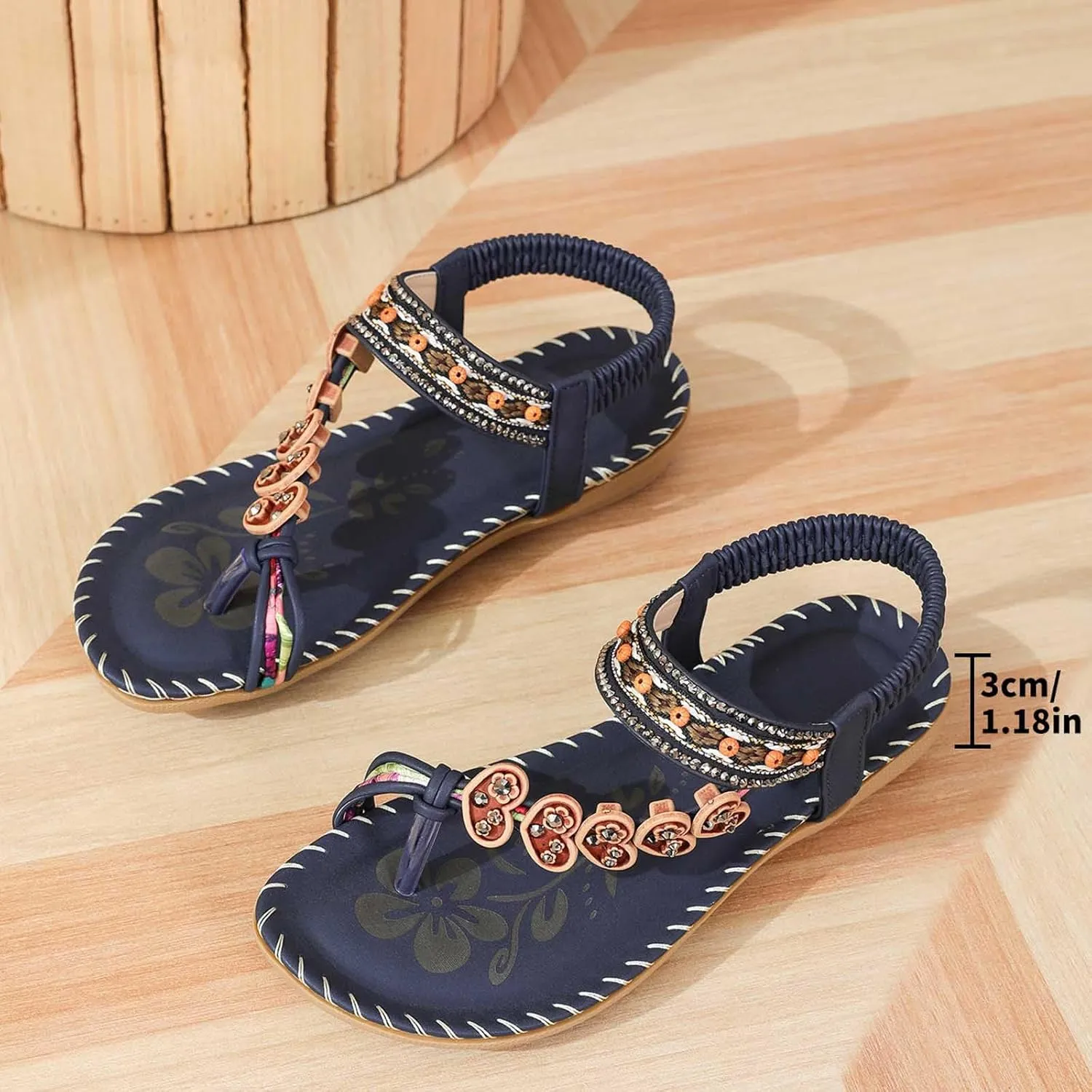 Womens Sandals Flat Comfortable Walking Shoes with Non Slip Soled Casual Summer Beach Boho Sandal Dress Ankle Elastic Jeweled Bohemian Flats