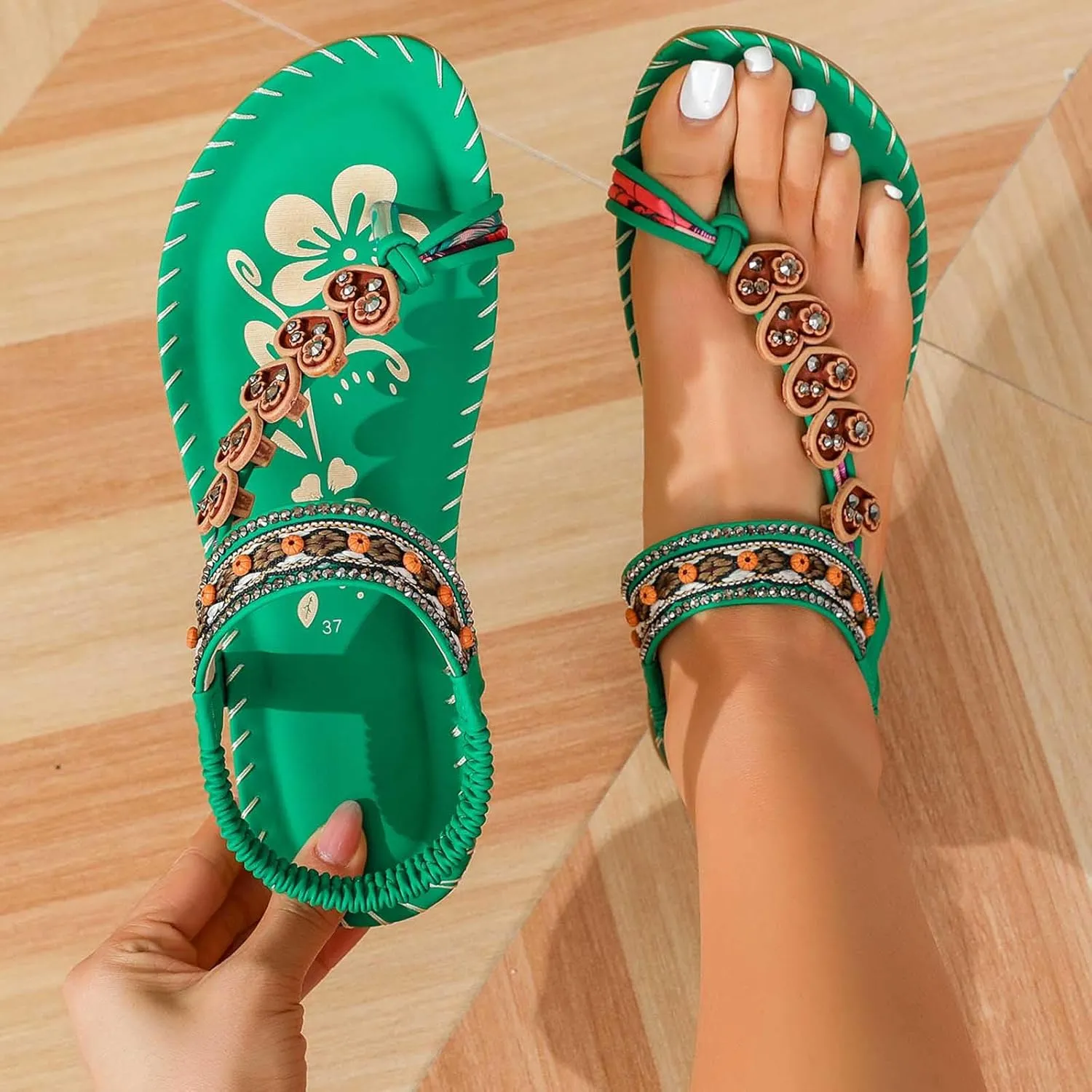 Womens Sandals Flat Comfortable Walking Shoes with Non Slip Soled Casual Summer Beach Boho Sandal Dress Ankle Elastic Jeweled Bohemian Flats