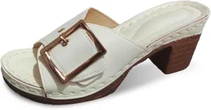 Women's Slide Heeled Sandals Opened Square Toe Chunky Block Heel Slippers with Buckle Slip on Long Womens Slippers