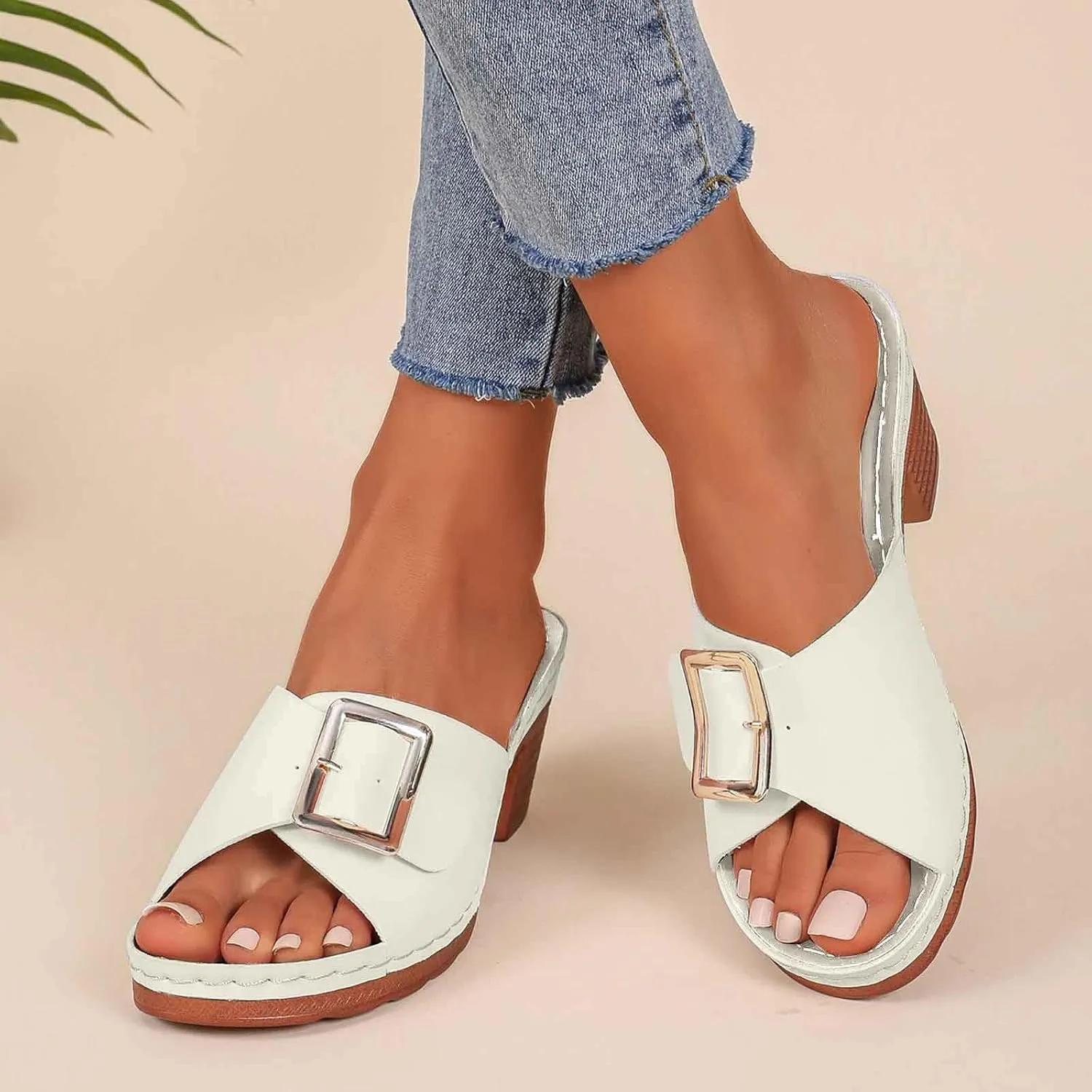 Women's Slide Heeled Sandals Opened Square Toe Chunky Block Heel Slippers with Buckle Slip on Long Womens Slippers