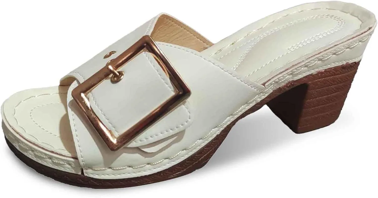 Women's Slide Heeled Sandals Opened Square Toe Chunky Block Heel Slippers with Buckle Slip on Long Womens Slippers