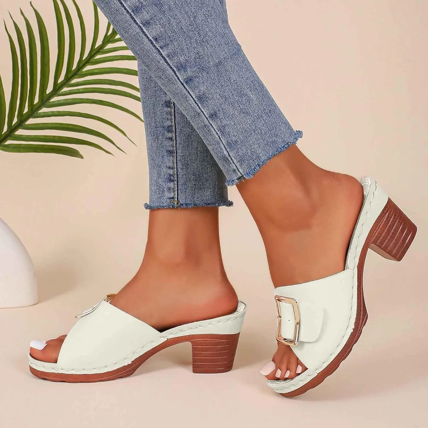 Women's Slide Heeled Sandals Opened Square Toe Chunky Block Heel Slippers with Buckle Slip on Long Womens Slippers