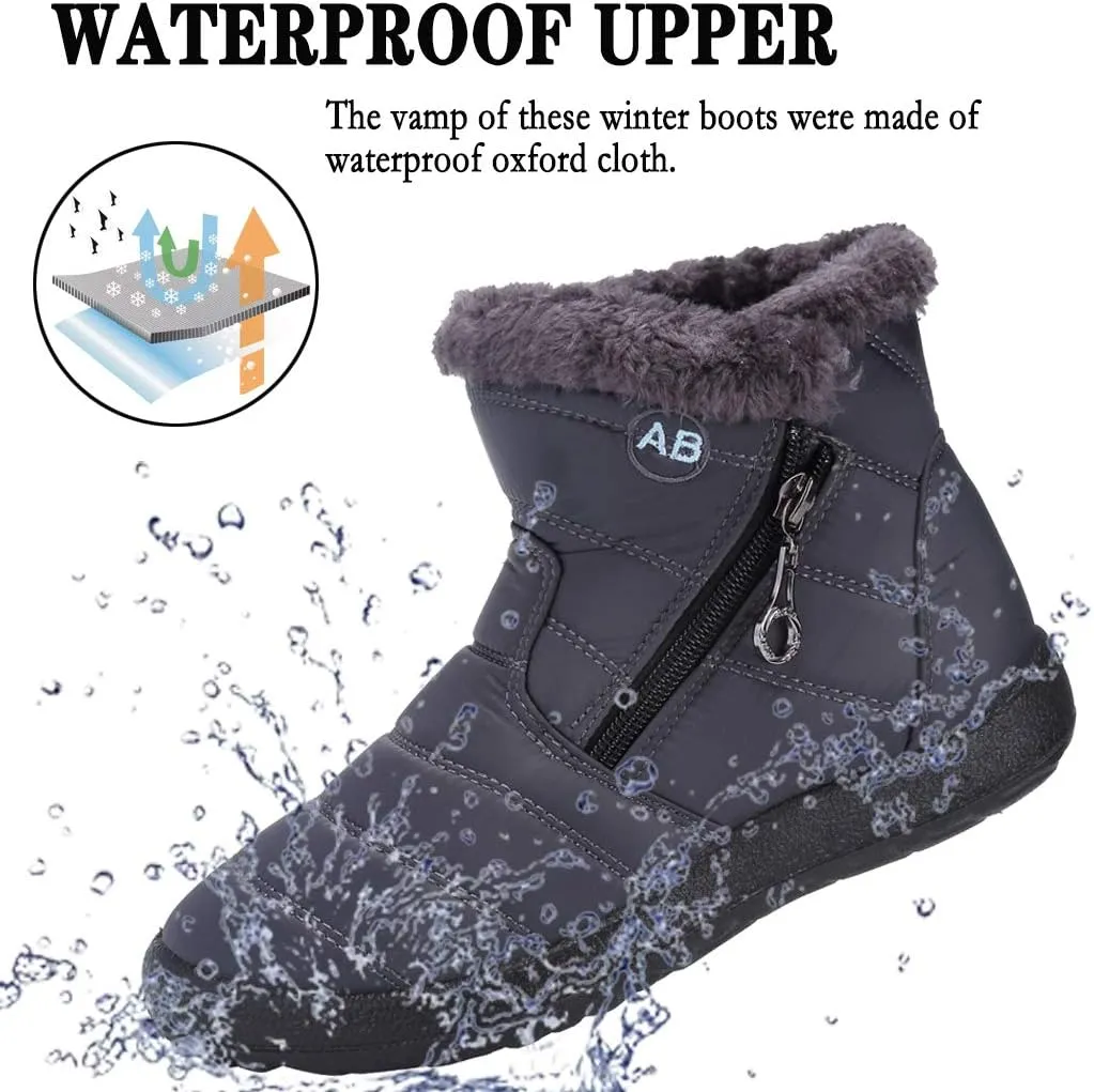 Womens Snow Boots Winter Fur Lined Ankle Boots Ladies Side Zipper Warm Lightweight Booties Outdoor Anti-Slip Girls Walking Boots