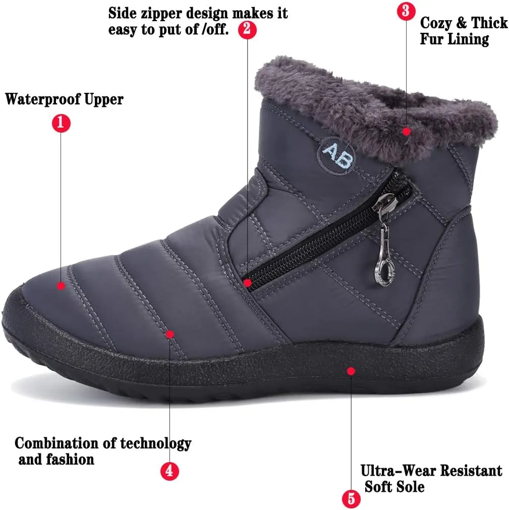 Womens Snow Boots Winter Fur Lined Ankle Boots Ladies Side Zipper Warm Lightweight Booties Outdoor Anti-Slip Girls Walking Boots