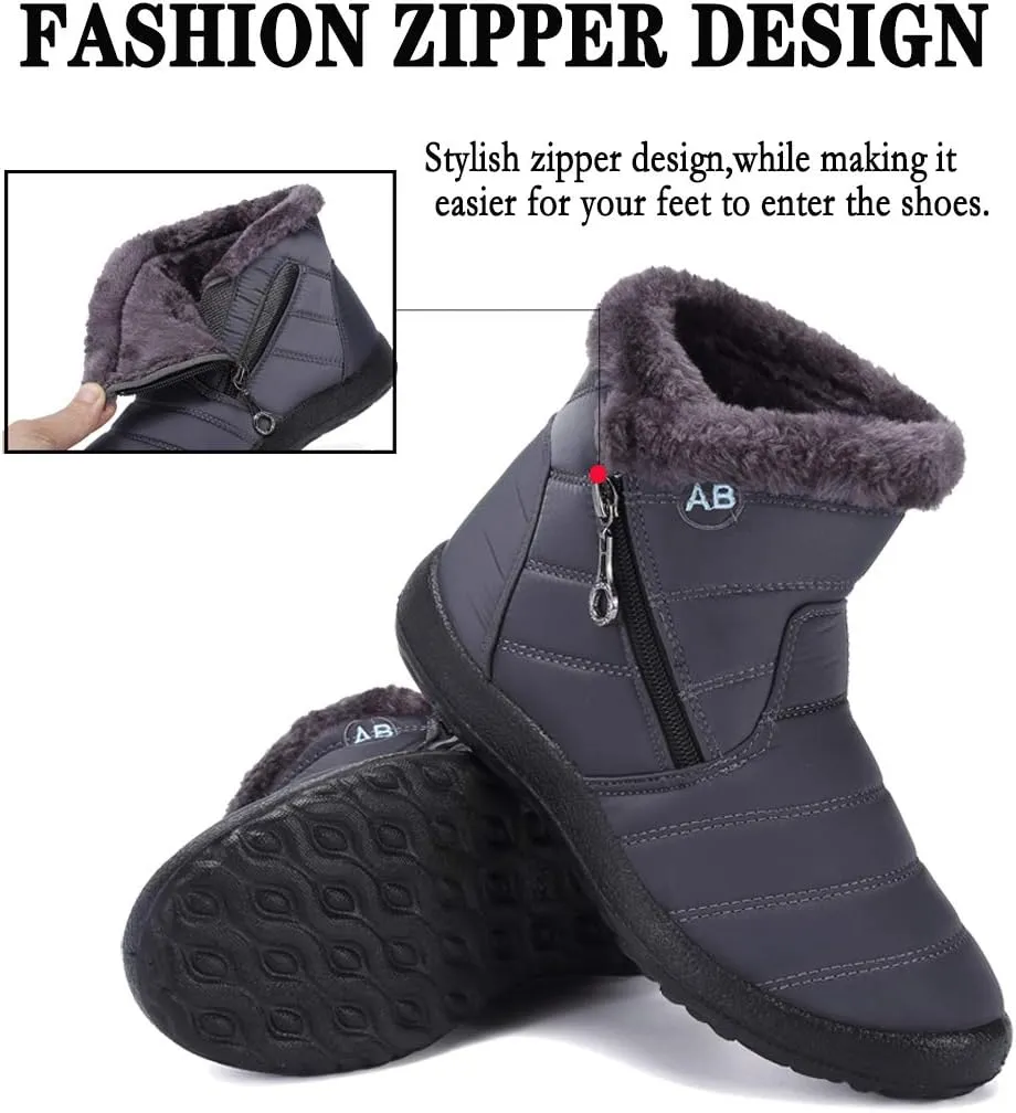 Womens Snow Boots Winter Fur Lined Ankle Boots Ladies Side Zipper Warm Lightweight Booties Outdoor Anti-Slip Girls Walking Boots