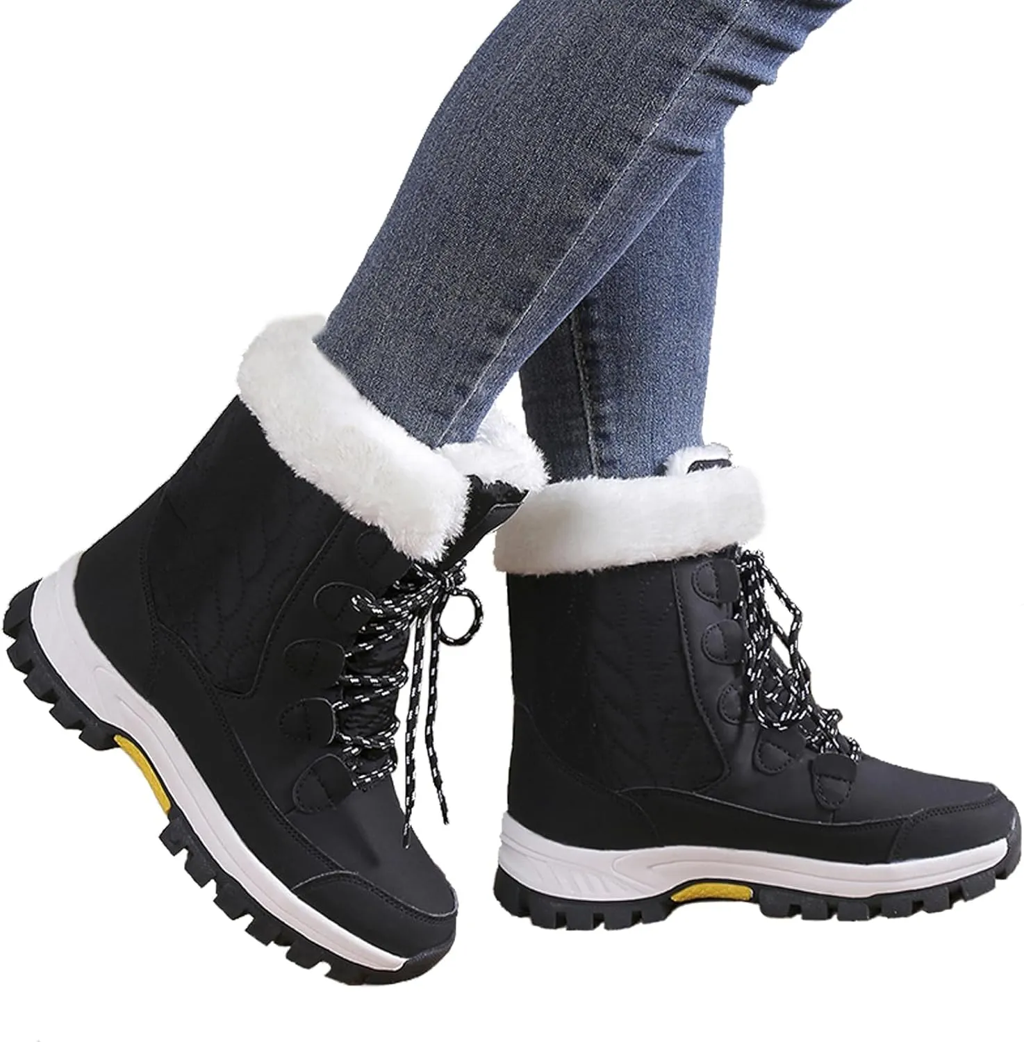Womens Snow Boots Winter Waterproof Warm Fur Lined Mid Calf Booties Comfortable Outdoor Anti-Slip Ankle Boots Walking Winter Shoes
