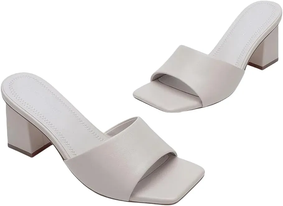 Women's Square Open Toe Heeled Sandals Glossy Material Mules Slip On Low Block Chunky Heeled Sandal on Comfortable Casual Dress Pumps Shoes with Sense of Luxury