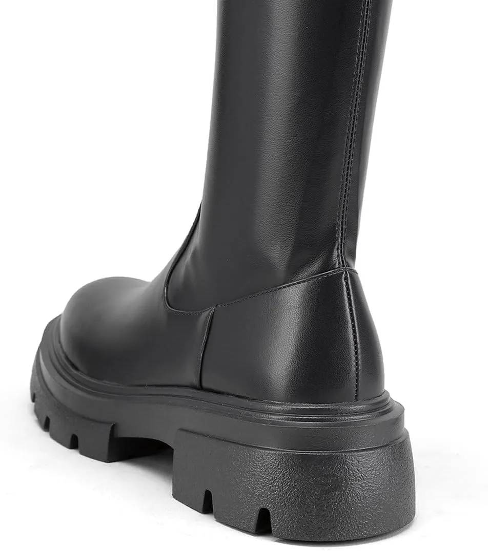 Women's Stretchy Over-The-Knee Boots with Thick Sole & Rounded Toe | All-Season Elastic Tall Thigh High Boots for Wide Calves, Zipper Design, Party Outfits (Shaft 23", Heel 1.77")