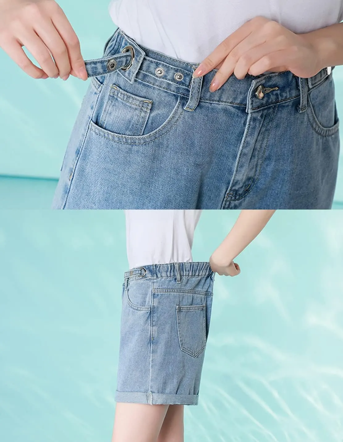 Women's Summer Casual Button Adjustable Elastic Waist Denim Loose Wide Leg Rolled Up Shorts