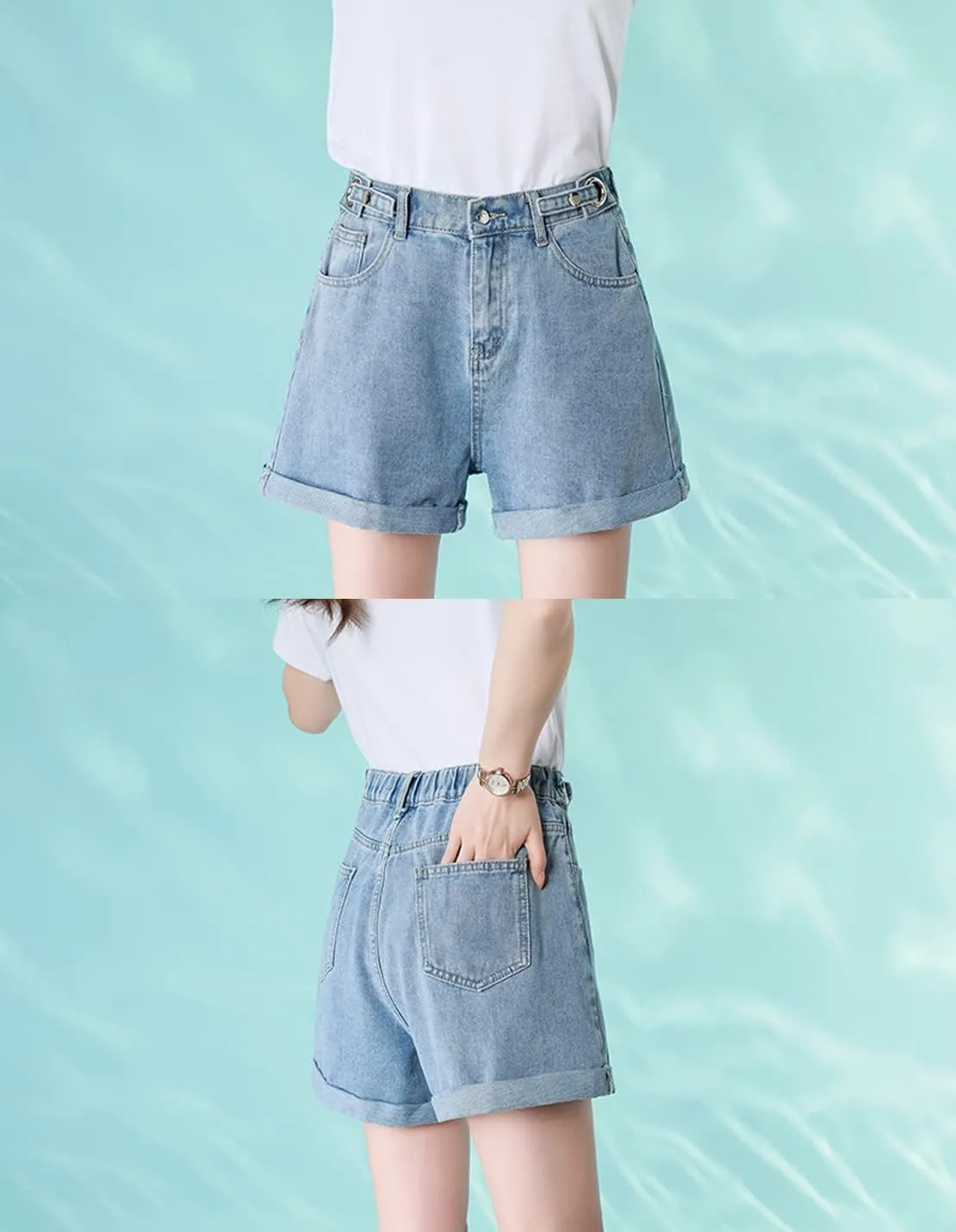 Women's Summer Casual Button Adjustable Elastic Waist Denim Loose Wide Leg Rolled Up Shorts