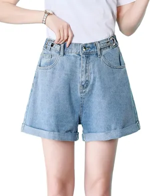 Women's Summer Casual Button Adjustable Elastic Waist Denim Loose Wide Leg Rolled Up Shorts