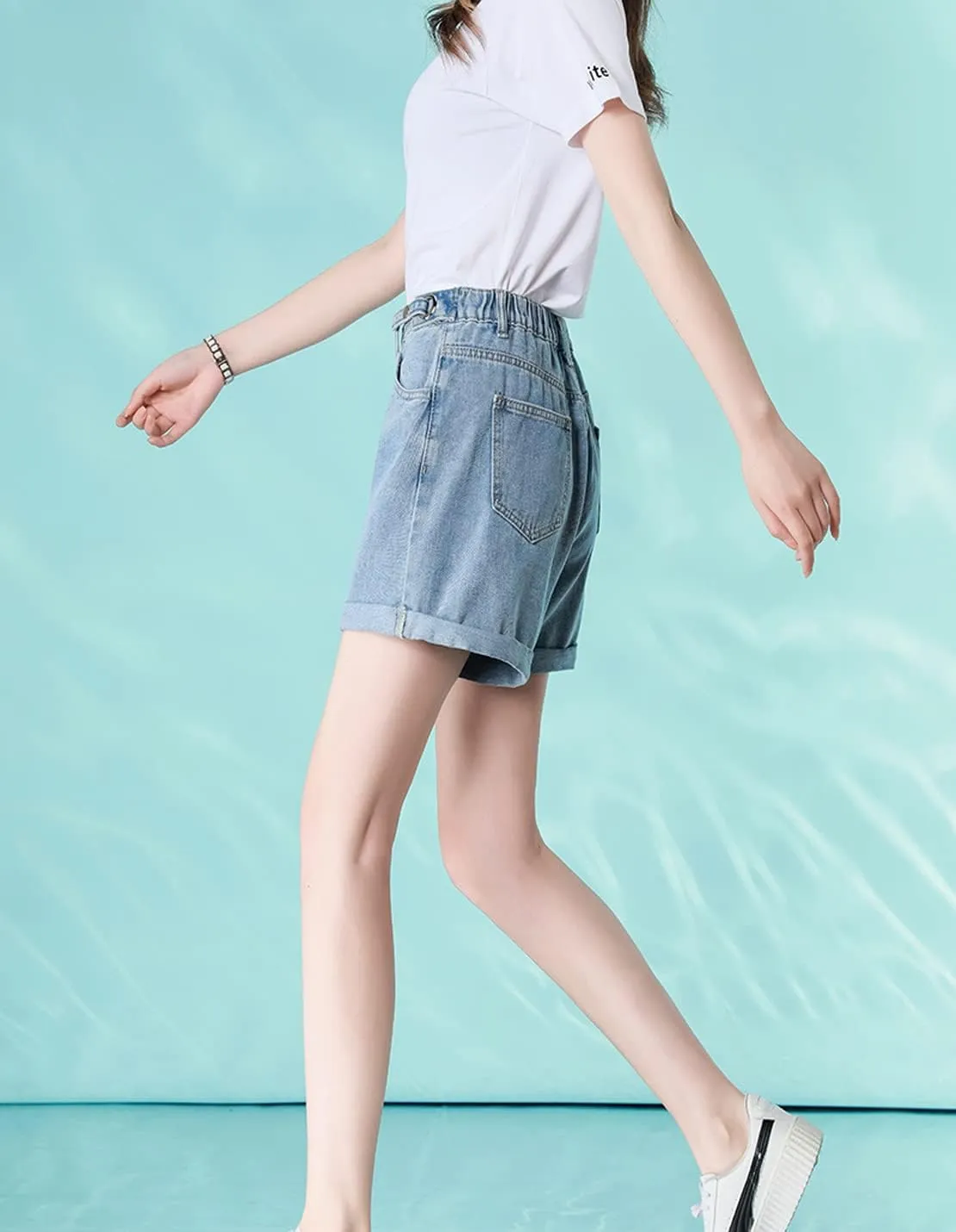 Women's Summer Casual Button Adjustable Elastic Waist Denim Loose Wide Leg Rolled Up Shorts