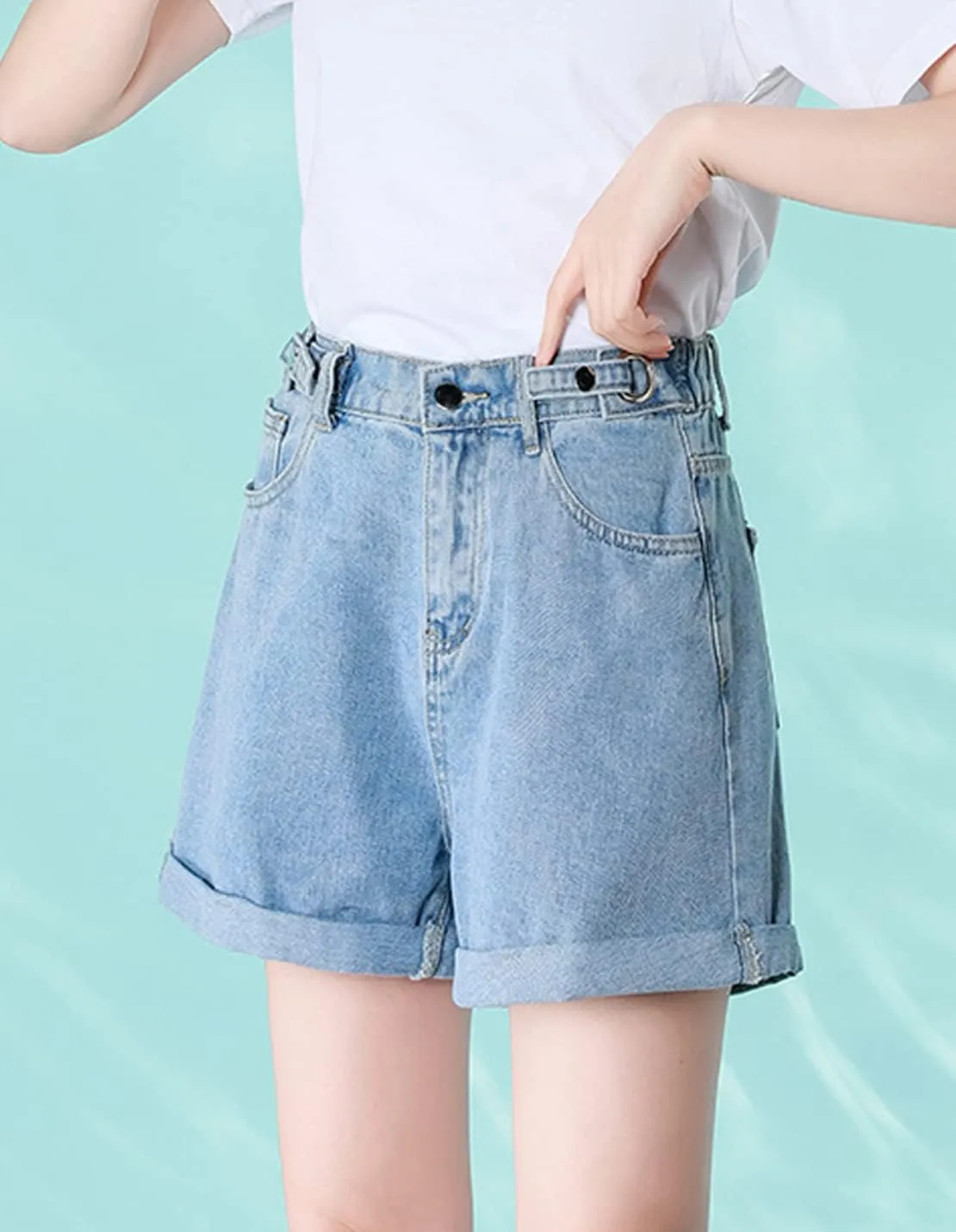 Women's Summer Casual Button Adjustable Elastic Waist Denim Loose Wide Leg Rolled Up Shorts