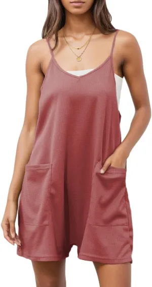 Women's Summer Casual Waffle Knit Rompers Loose Spaghetti Strap Shorts Overalls Sleeveless Jumpsuit with Pockets