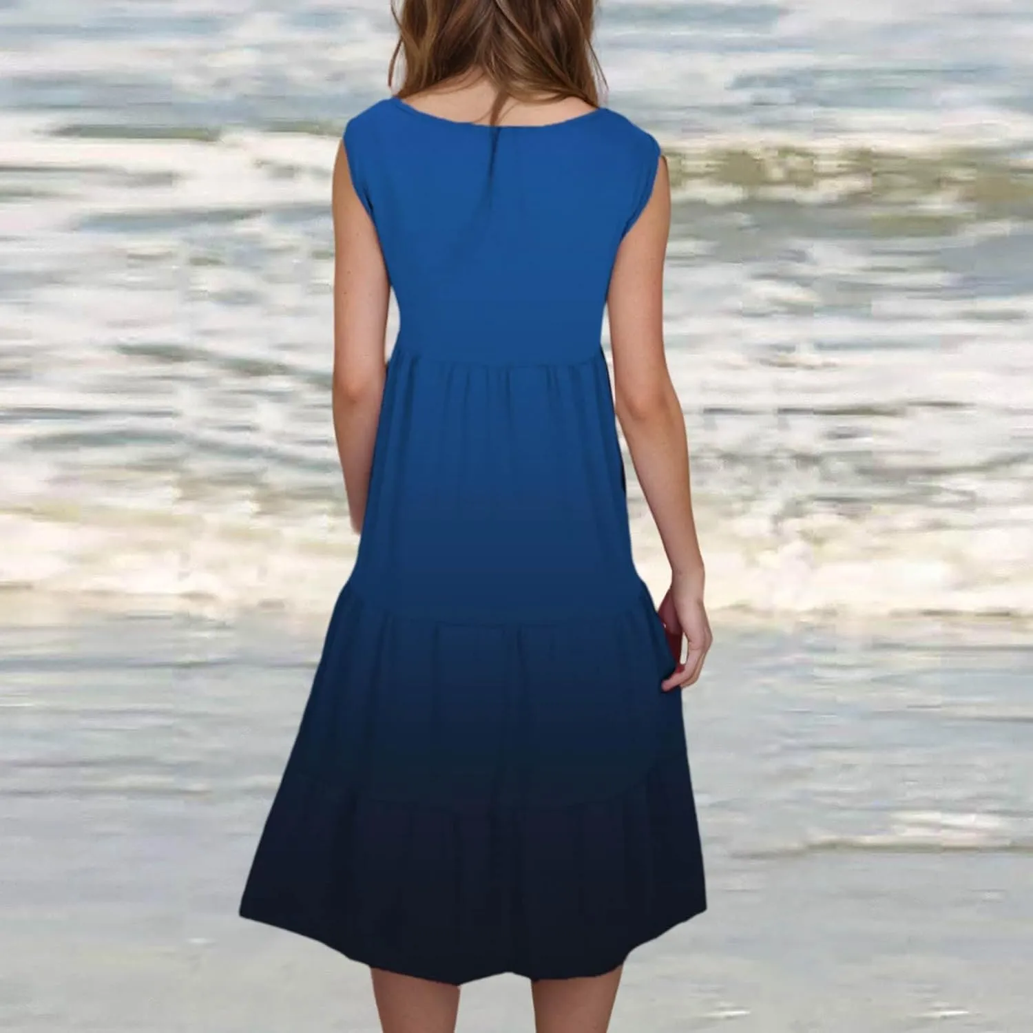 Women's Summer Elegant Dress Sleeveless Round Neck Fashion Skirts Pleated Comfy Gradient Color Dresses Walking