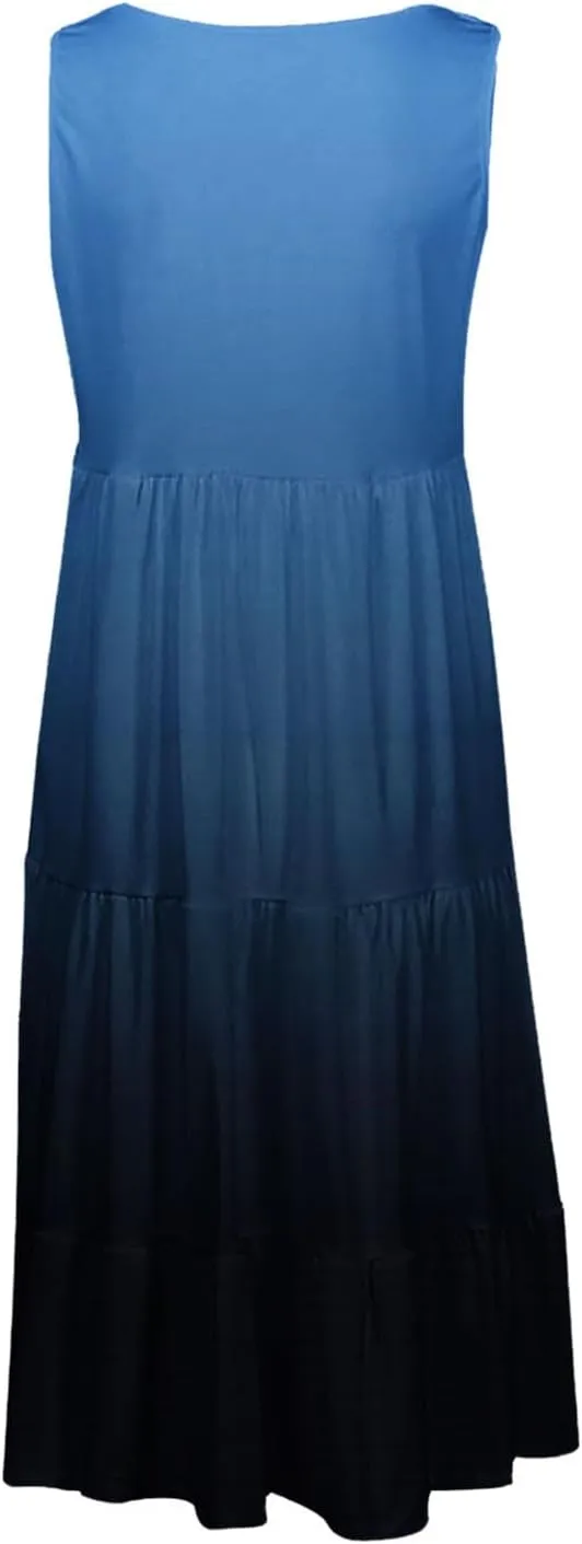 Women's Summer Elegant Dress Sleeveless Round Neck Fashion Skirts Pleated Comfy Gradient Color Dresses Walking