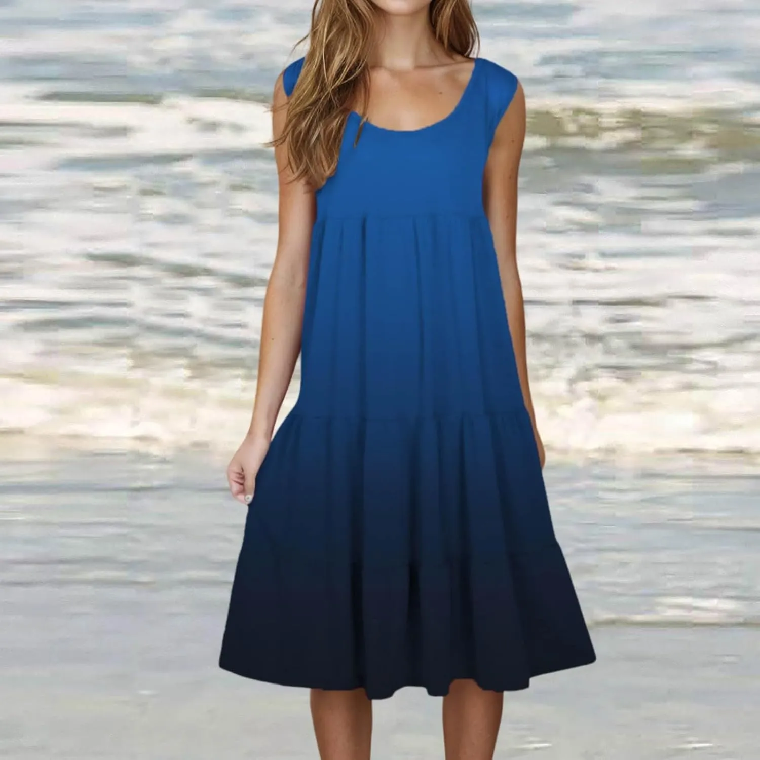 Women's Summer Elegant Dress Sleeveless Round Neck Fashion Skirts Pleated Comfy Gradient Color Dresses Walking