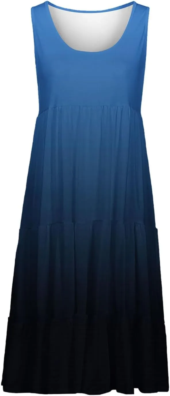Women's Summer Elegant Dress Sleeveless Round Neck Fashion Skirts Pleated Comfy Gradient Color Dresses Walking