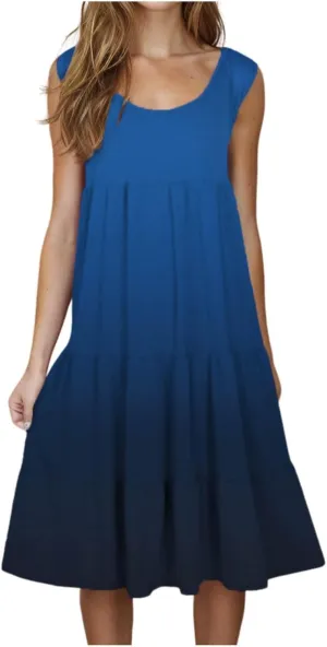 Women's Summer Elegant Dress Sleeveless Round Neck Fashion Skirts Pleated Comfy Gradient Color Dresses Walking