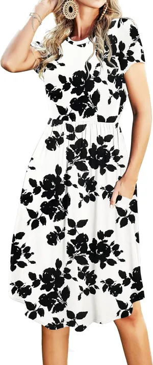 Womens Summer Pocket Knee Length Teacher Casual Dress Spring Modest Knit Fit Flare Short Sleeve Midi Work Travel Outfits