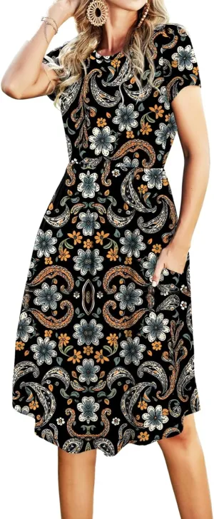 Womens Summer Pocket Knee Length Teacher Casual Dress Spring Modest Knit Fit Flare Short Sleeve Midi Work Travel Outfits