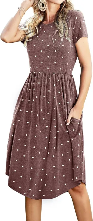 Womens Summer Pocket Knee Length Teacher Casual Dress Spring Modest Knit Fit Flare Short Sleeve Midi Work Travel Outfits