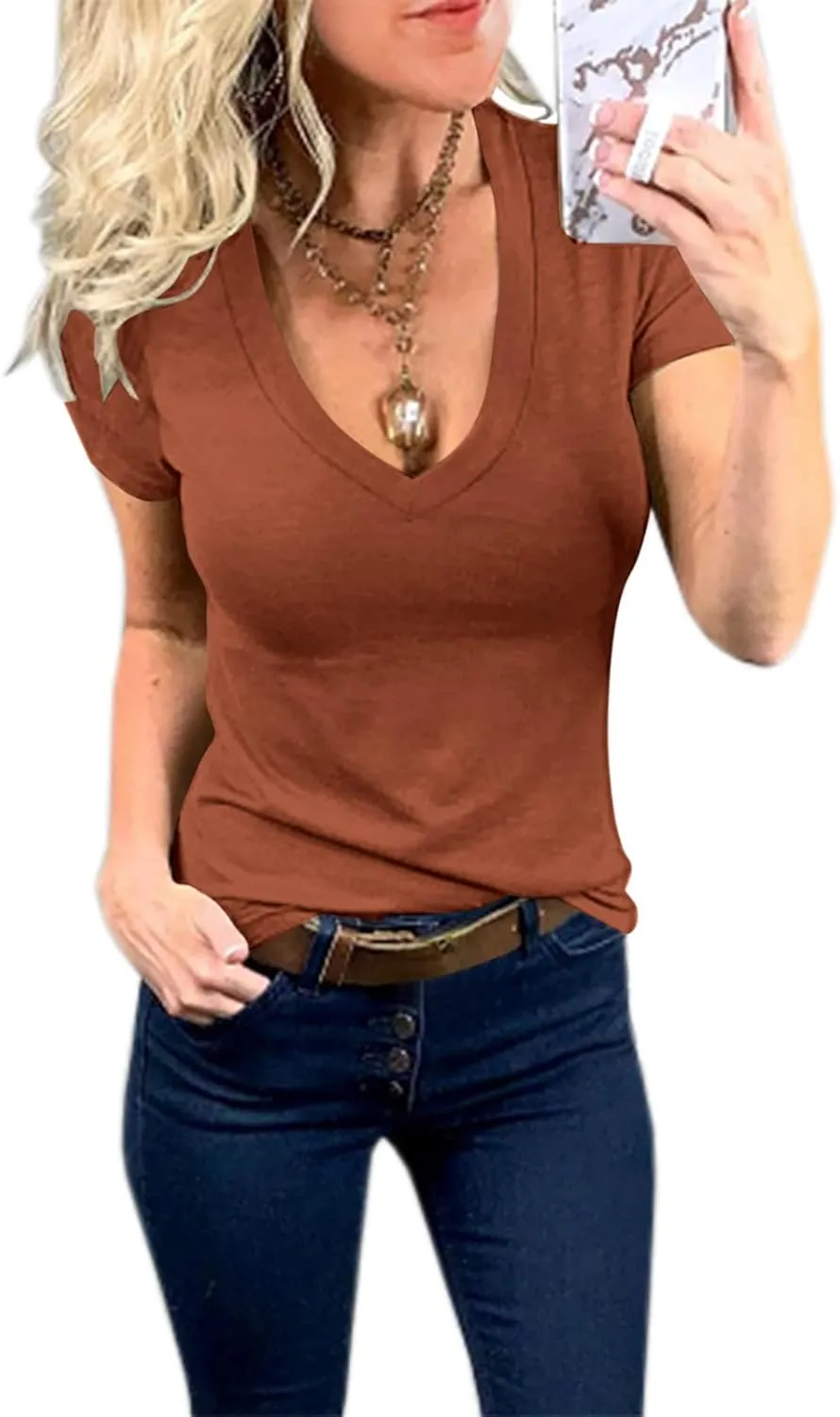 Womens Summer Sexy Short Sleeve Tshirt Tops Deep V Neck Shirts Casual Slim Fit Basic T-Shirt Tee