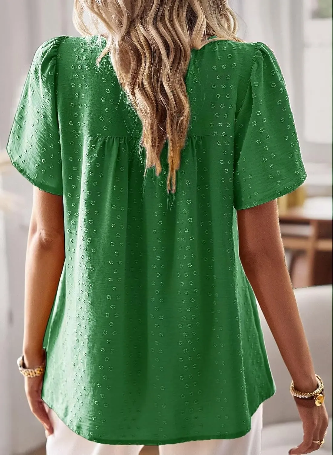 Womens Summer Tops Crewneck Short Sleeve Shirts Casual Chiffon Blouses Flowy Lace Hem Boho Clothing Trendy 2025