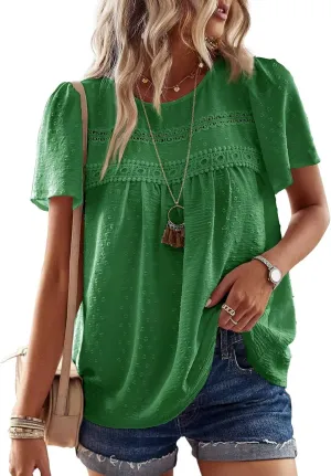 Womens Summer Tops Crewneck Short Sleeve Shirts Casual Chiffon Blouses Flowy Lace Hem Boho Clothing Trendy 2025