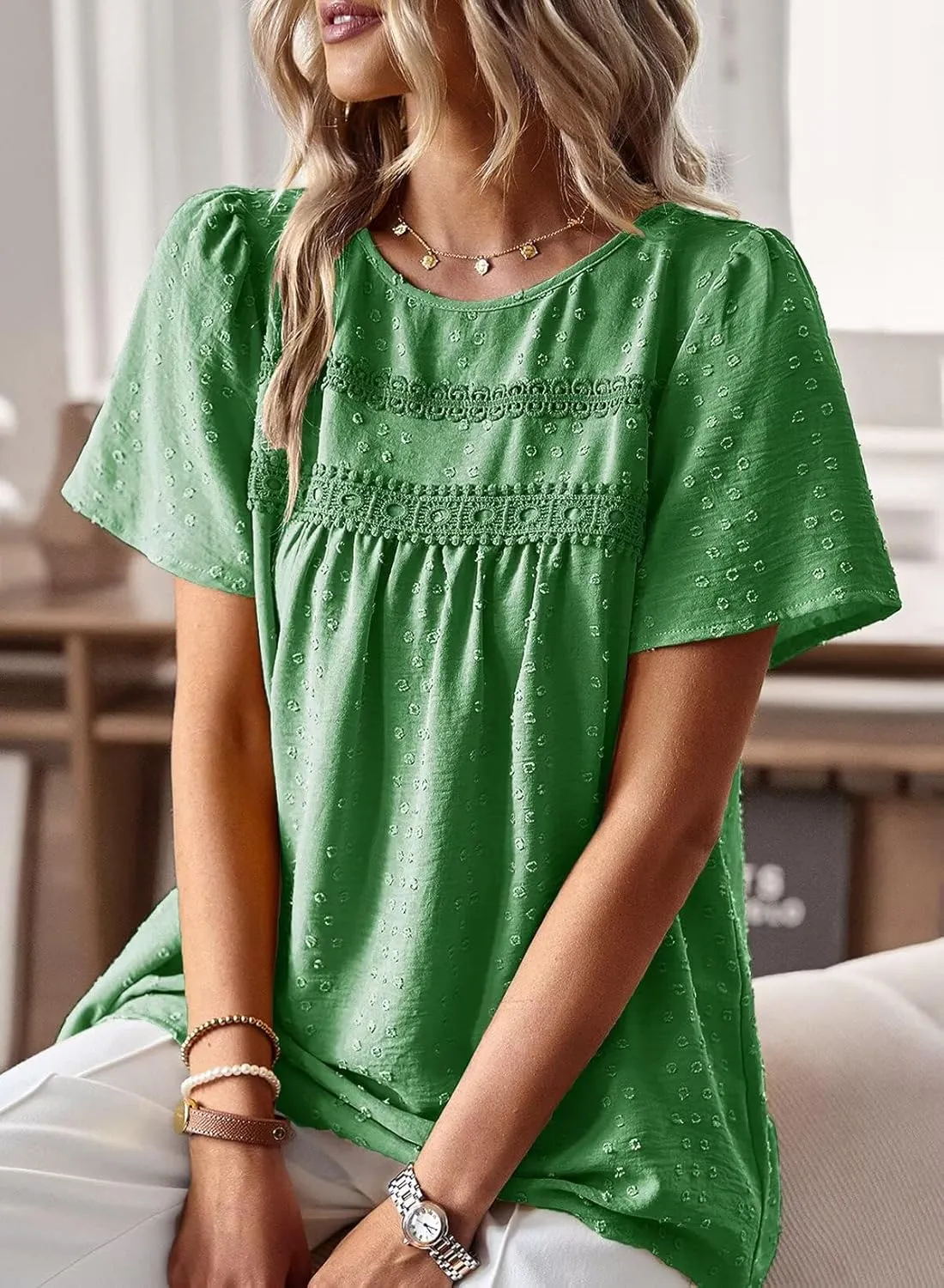Womens Summer Tops Crewneck Short Sleeve Shirts Casual Chiffon Blouses Flowy Lace Hem Boho Clothing Trendy 2025