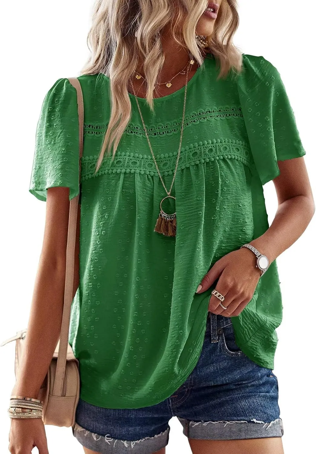 Womens Summer Tops Crewneck Short Sleeve Shirts Casual Chiffon Blouses Flowy Lace Hem Boho Clothing Trendy 2025