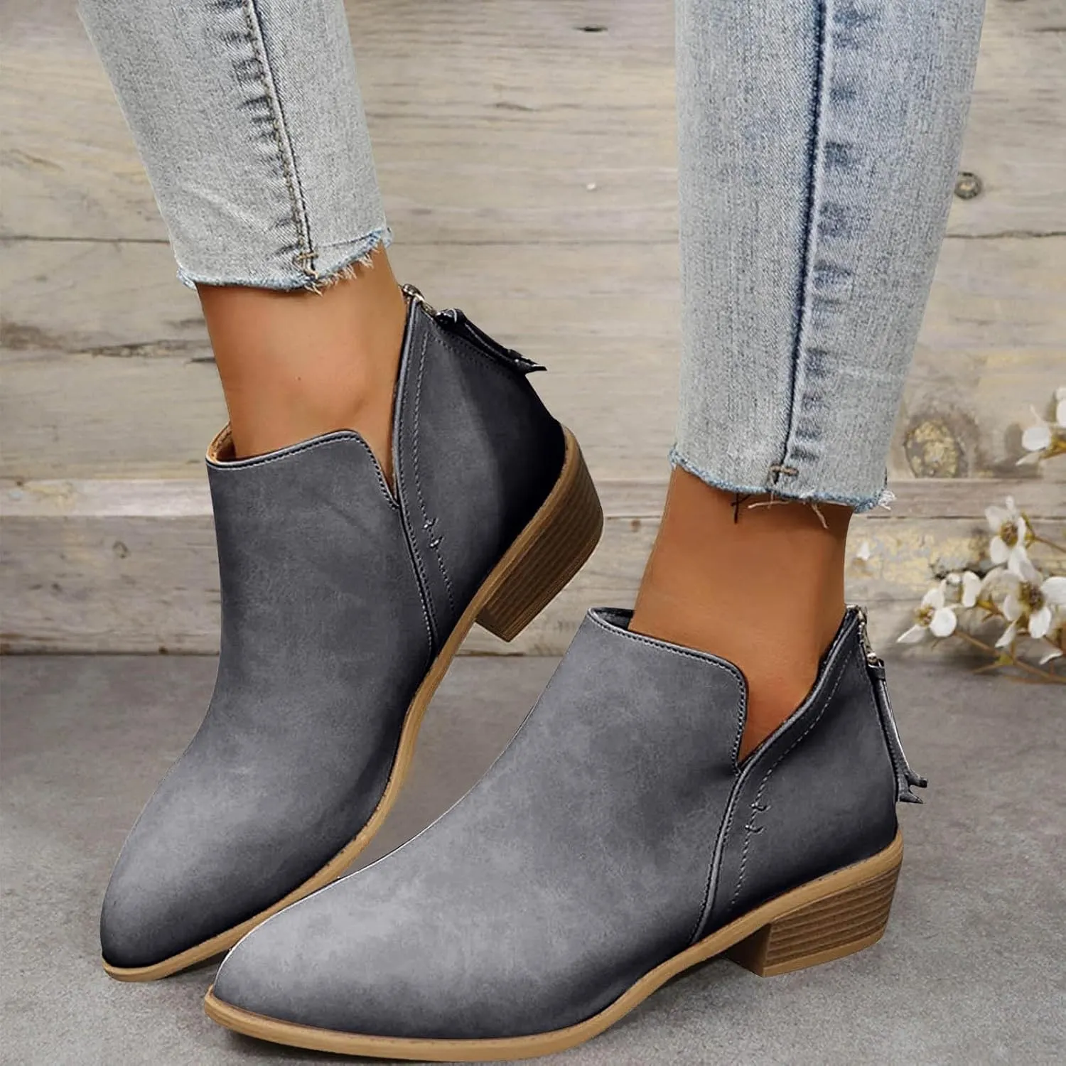 Womens V Cutout Ankle Boots Fashion Pointed Toe Chunky Stacked Heel Western Booties Zip Up Cowboy Boots Shoes Suede Chunky Low Heel Pull On Short Fall Winter Work Boots