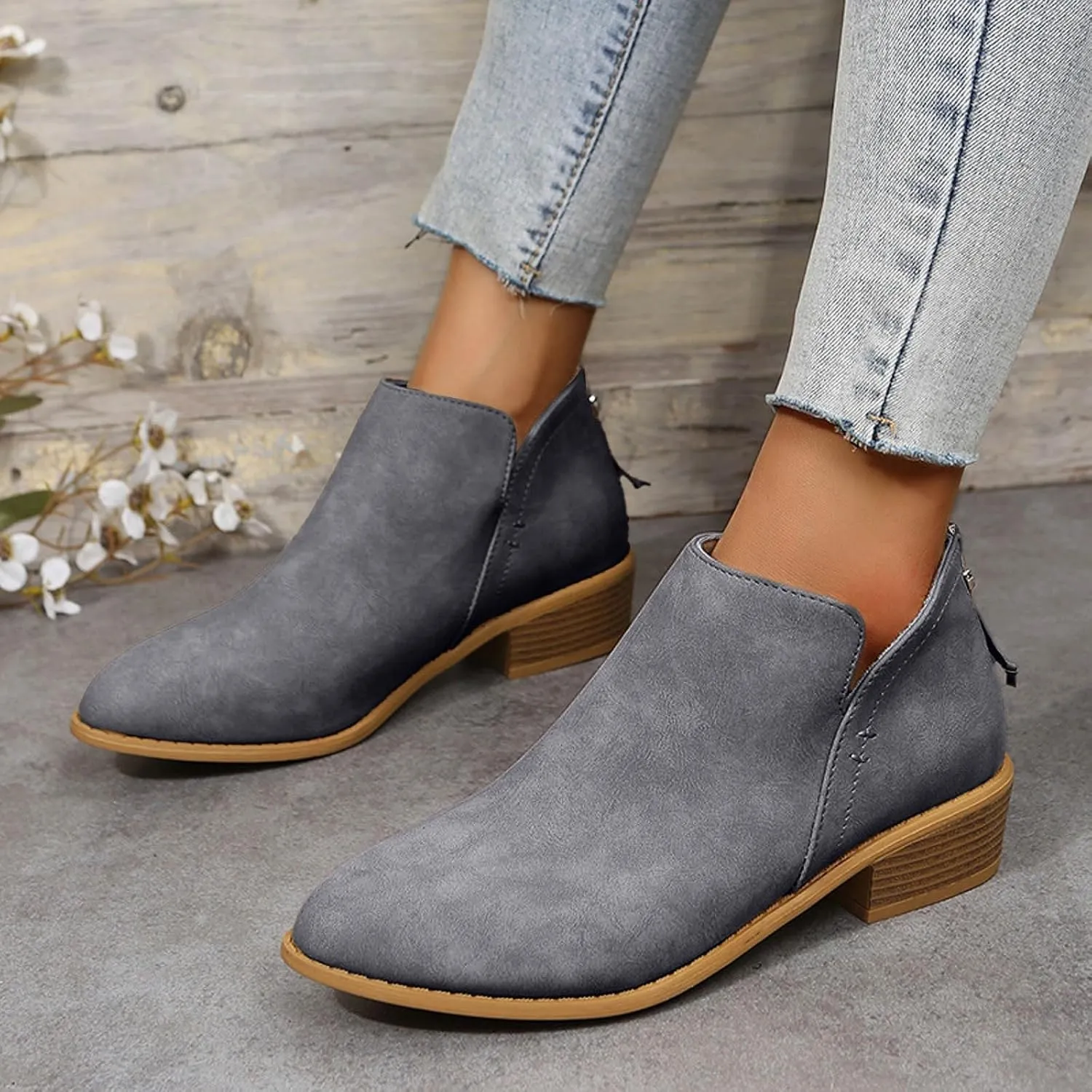 Womens V Cutout Ankle Boots Fashion Pointed Toe Chunky Stacked Heel Western Booties Zip Up Cowboy Boots Shoes Suede Chunky Low Heel Pull On Short Fall Winter Work Boots