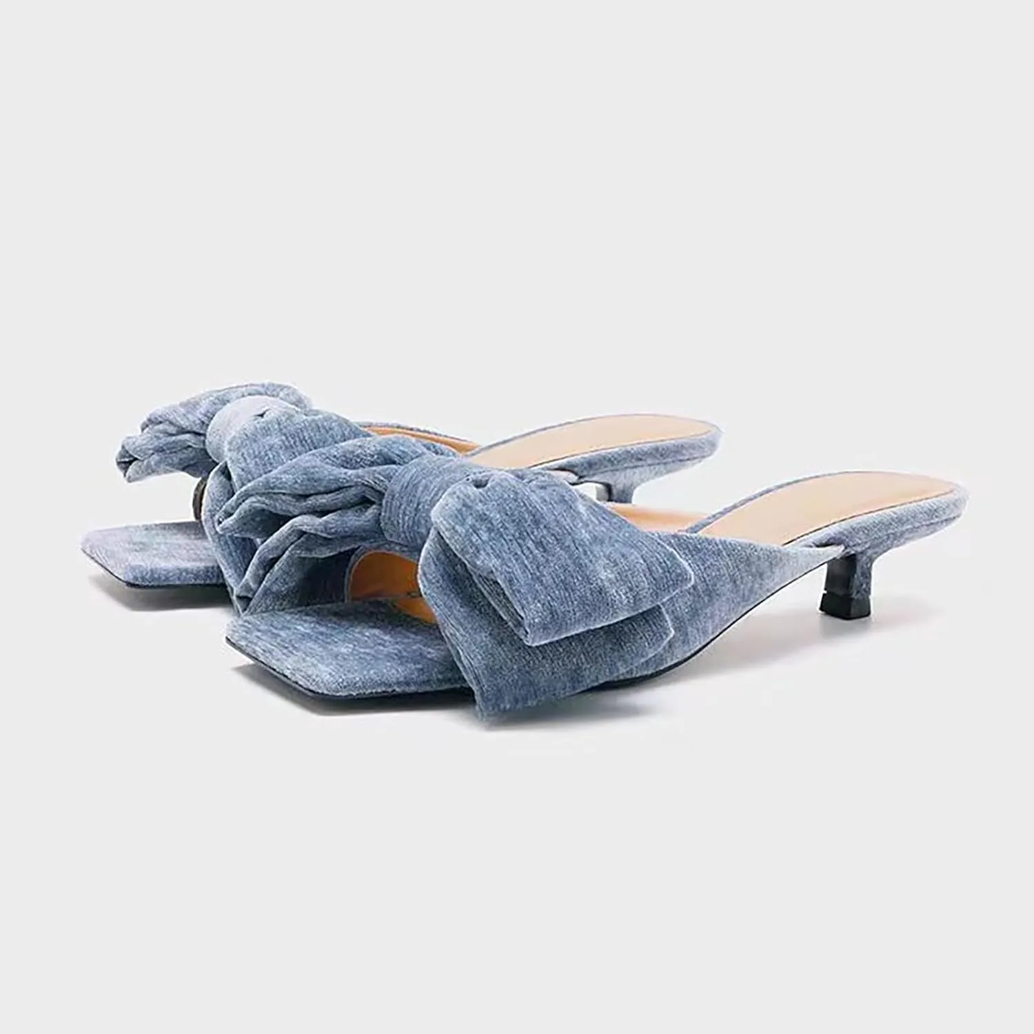 Women's velvet Bow kitten heel Slides Sandals Fashion Comfortable Square Open Toe Slip On Low stiletto Dress mules slippers for Daily Work Wedding Party