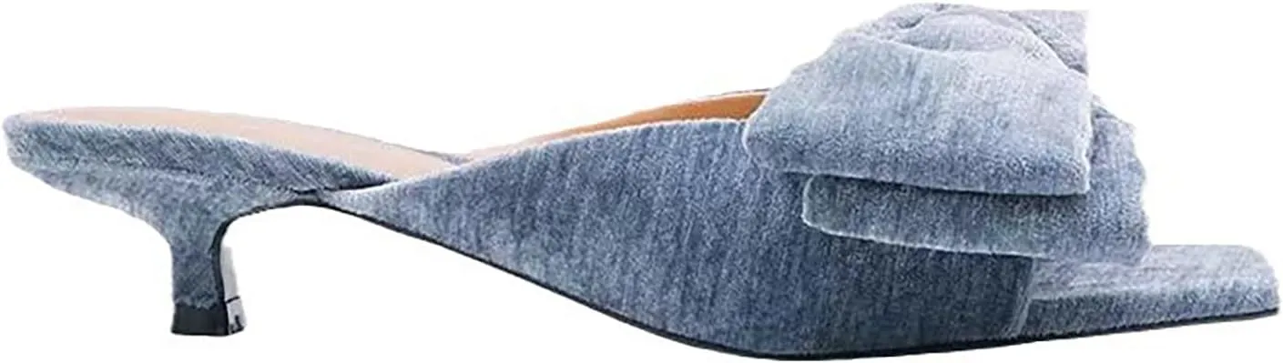 Women's velvet Bow kitten heel Slides Sandals Fashion Comfortable Square Open Toe Slip On Low stiletto Dress mules slippers for Daily Work Wedding Party