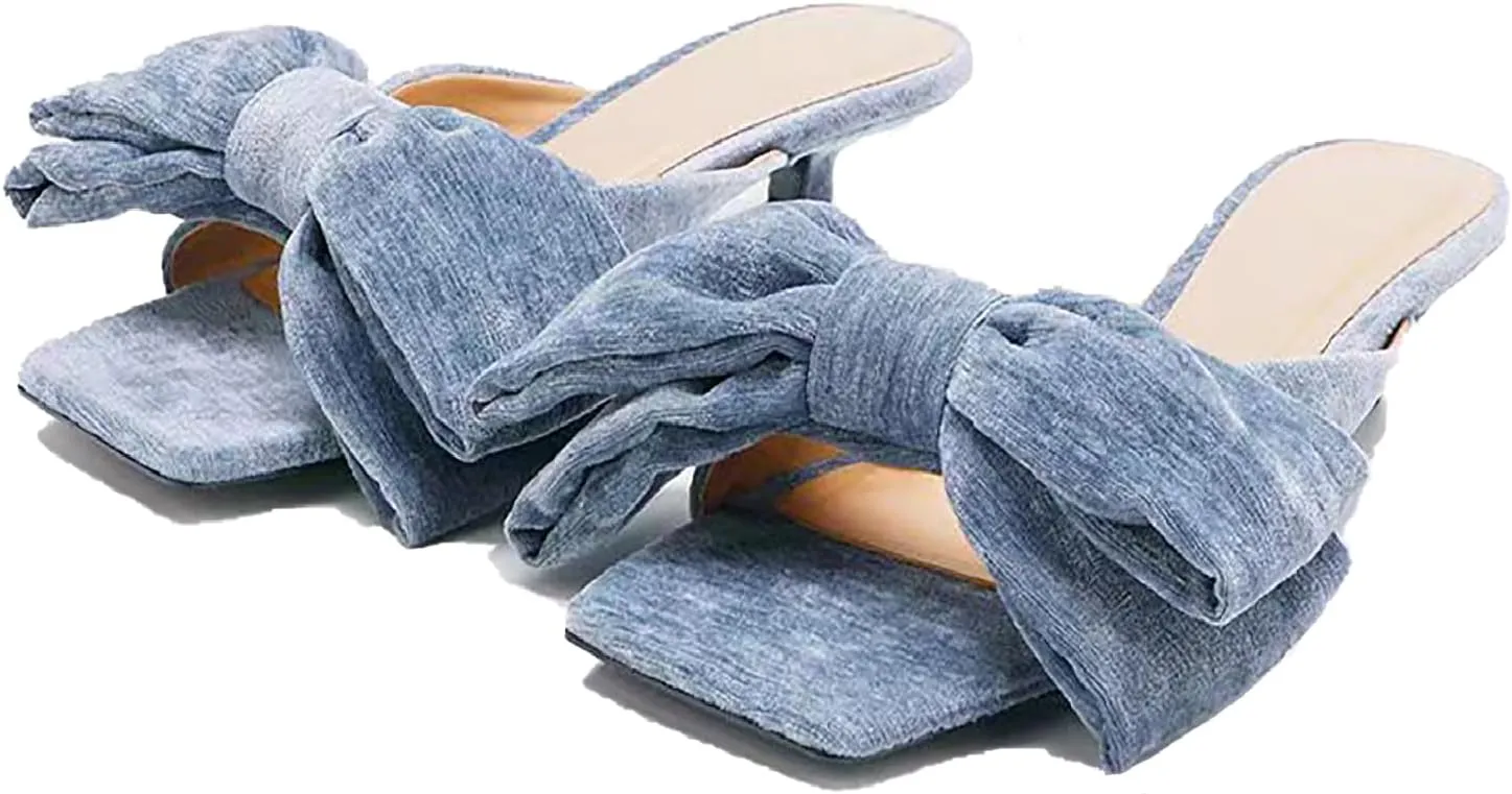 Women's velvet Bow kitten heel Slides Sandals Fashion Comfortable Square Open Toe Slip On Low stiletto Dress mules slippers for Daily Work Wedding Party
