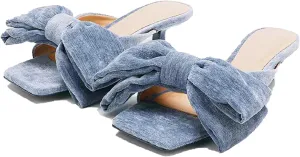 Women's velvet Bow kitten heel Slides Sandals Fashion Comfortable Square Open Toe Slip On Low stiletto Dress mules slippers for Daily Work Wedding Party