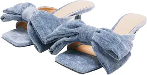 Women's Velvet Bow Kitten Heels Sandals Fashion Comfortable Open Square Toe Slip On Low Stiletto Mules Slides for Daily Work Wedding Party Dress Slippers