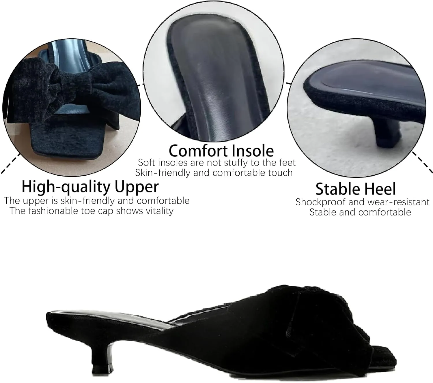 Women's Velvet Bow Kitten Heels Sandals Fashion Comfortable Open Square Toe Slip On Low Stiletto Mules Slides for Daily Work Wedding Party Dress Slippers