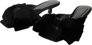 Women's Velvet Bow Kitten Heels Sandals Fashion Comfortable Open Square Toe Slip On Low Stiletto Mules Slides for Daily Work Wedding Party Dress Slippers