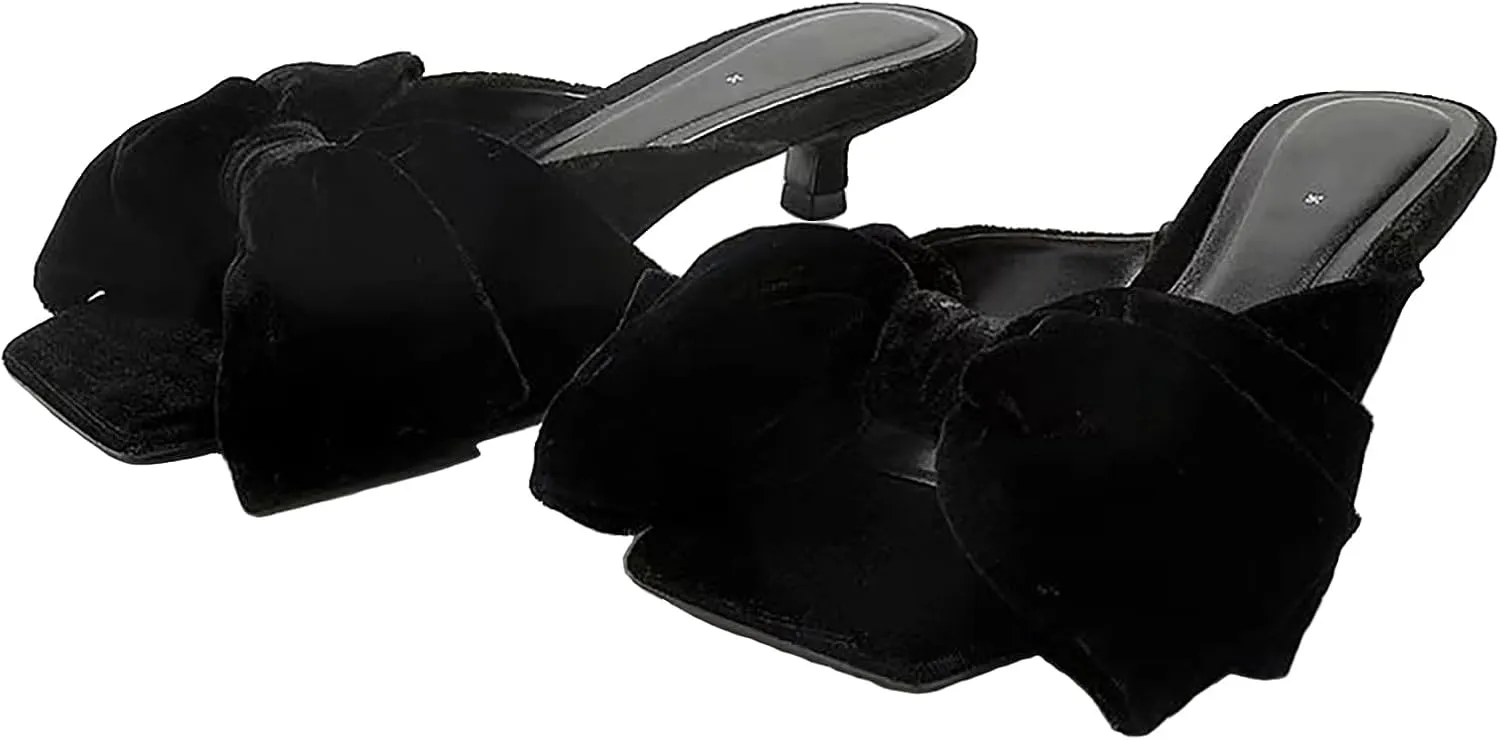 Women's Velvet Bow Kitten Heels Sandals Fashion Comfortable Open Square Toe Slip On Low Stiletto Mules Slides for Daily Work Wedding Party Dress Slippers