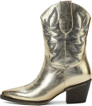 Women's Western Cowboy Ankle Boots Short Cowgirl Boots with Classic Embroidered Slip On Pointed Toe Chunky Country Booties